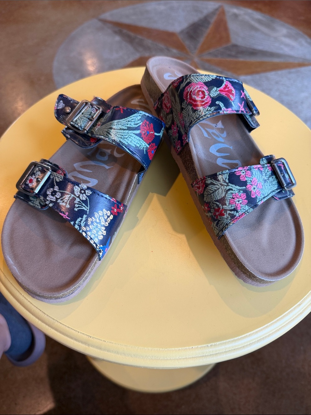 Floral Double-Strap Slide Sandals -  Navy with Pink & Green Floral
